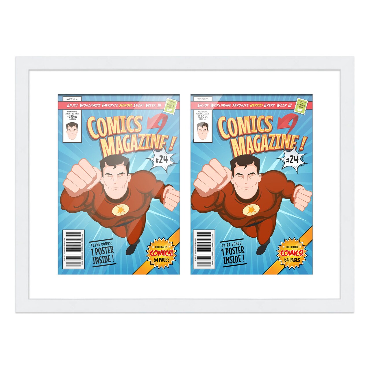 Comic Book Display Frame for Golden Age Comics Published Between 1938 and 1956 - White Wood Comic Frame With White Mat for 7.75x10.5 Comic, 18 Frame Sizes